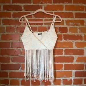 Cream Boho Crop Top with Tassels (Large)